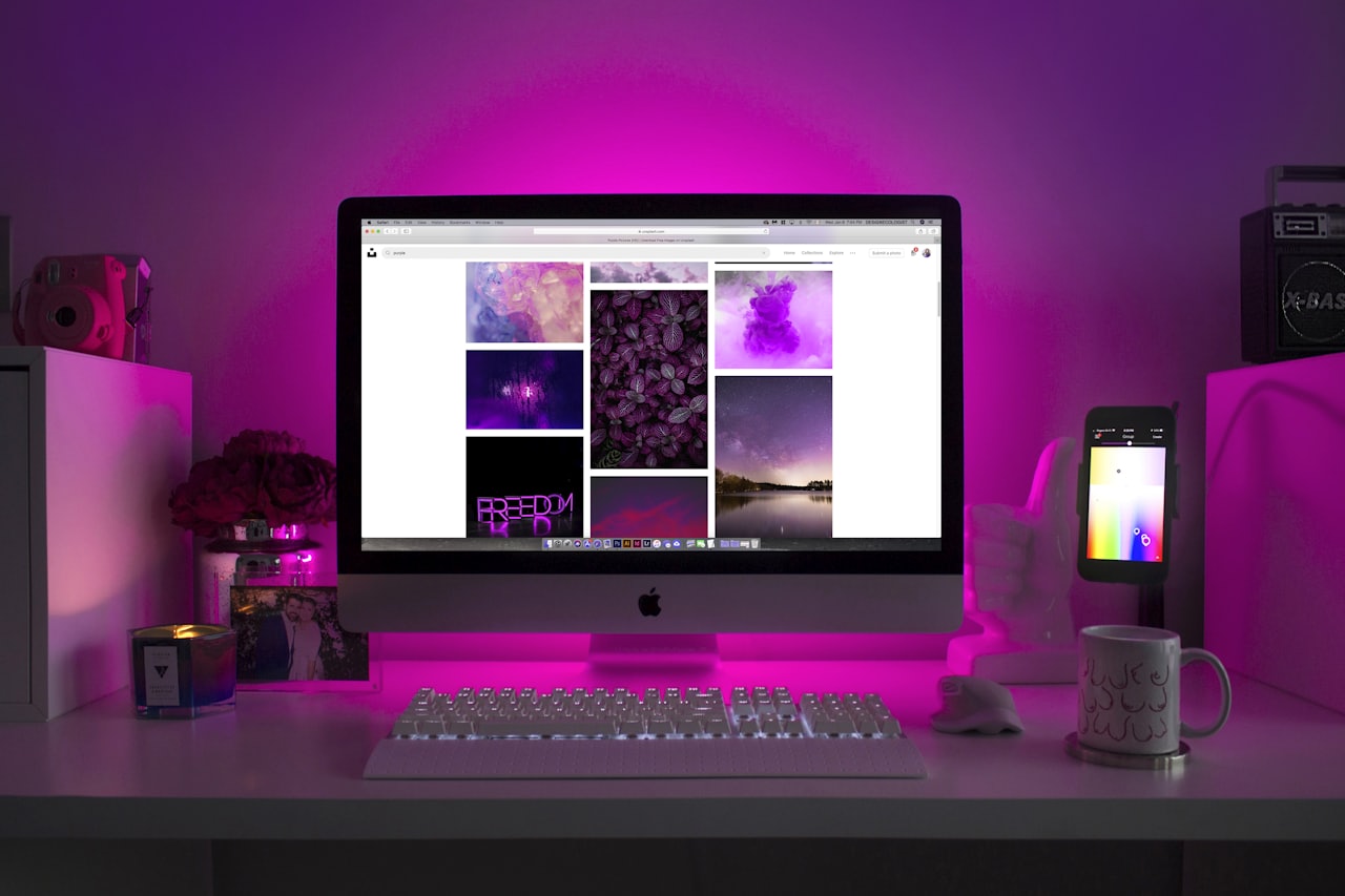 workplace with purple background